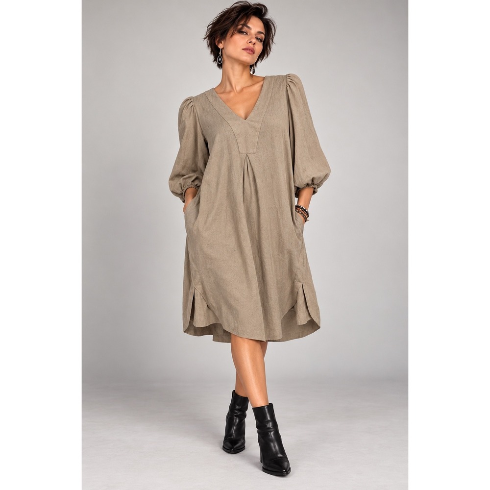 Cynthia Rowley M Taupe Linen Viscose Dress Balloon Sleeve Pockets